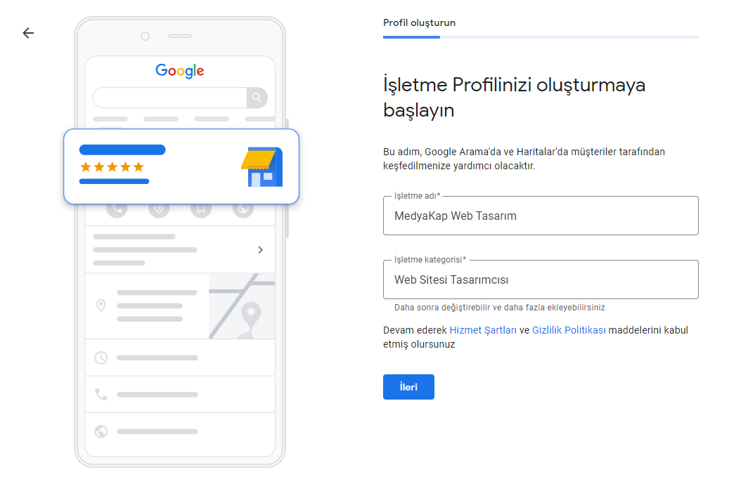 google işletme kategori firma adı